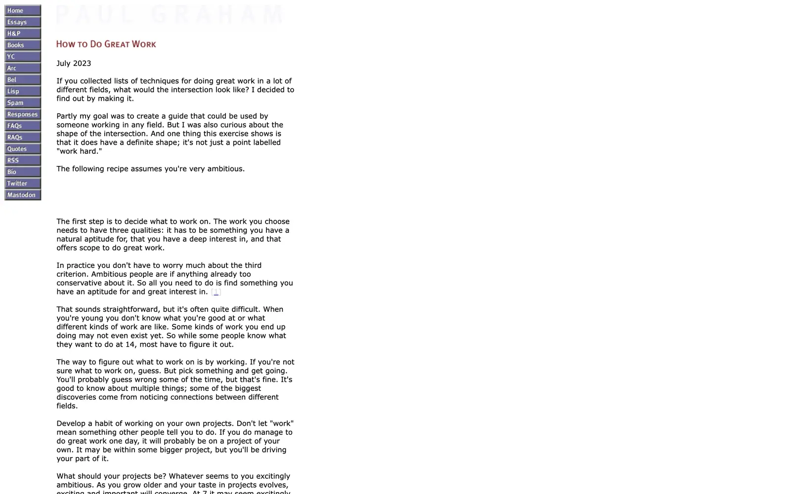 Top of Paul Graham's essay How to Do Great Work, plain text on a white page with the date and the opening question