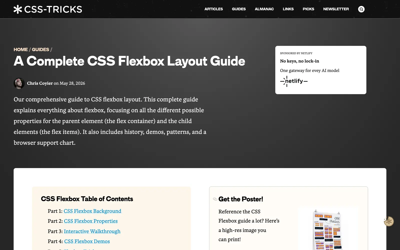 Top of the CSS-Tricks guide to Flexbox, with the title and the opening of its table of contents