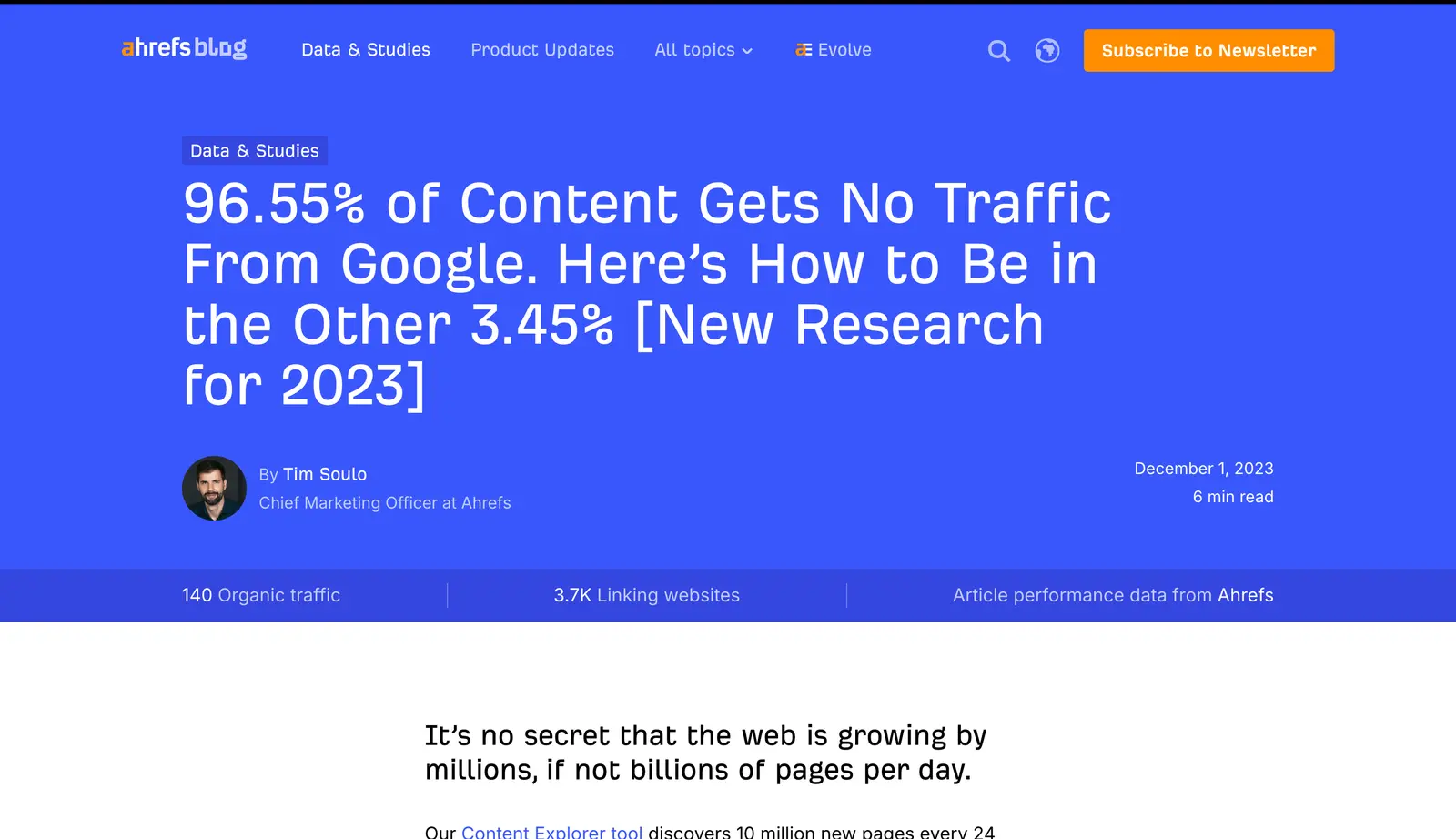 Top of Ahrefs' study on how much content gets no search traffic, with the headline statistic in the title
