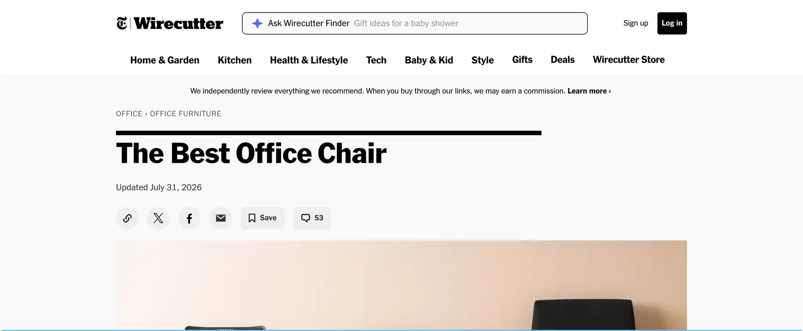 Top of Wirecutter's best office chair review, with the title, the byline and the product picks