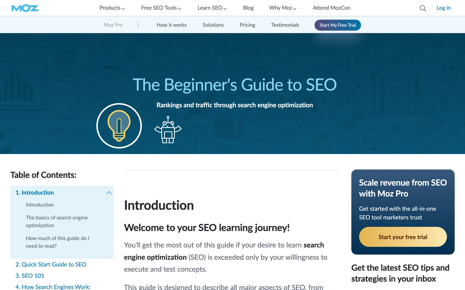 Landing page of Moz's Beginner's Guide to SEO showing the guide title and its chapter list