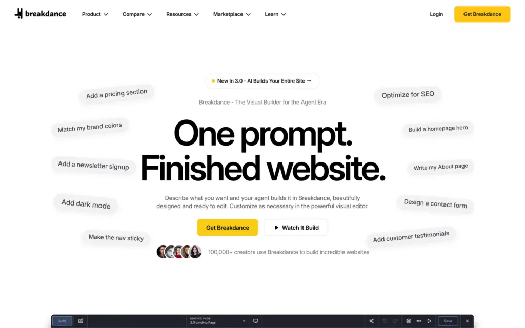 Breakdance 3.0 homepage with the headline One prompt. Finished website. surrounded by example AI build prompts