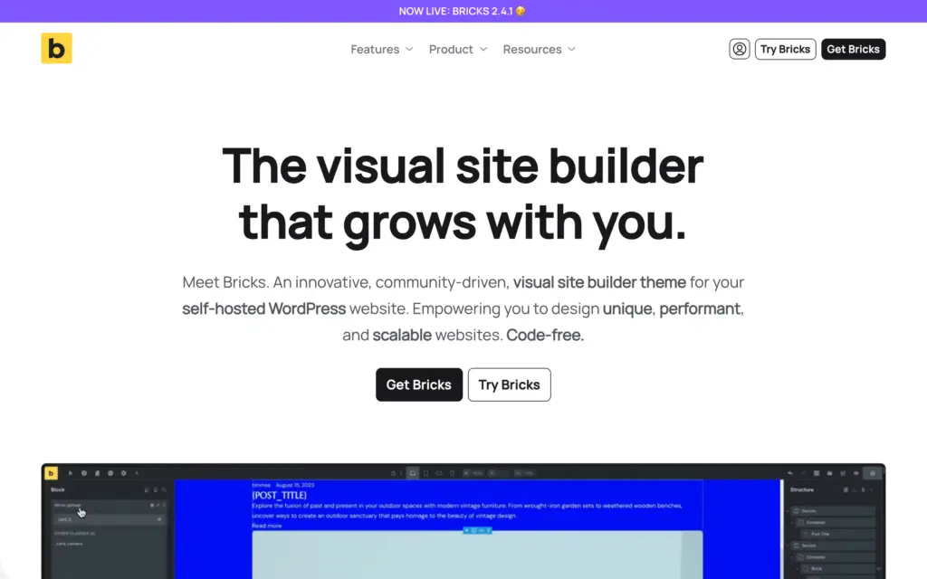 Bricks homepage announcing Bricks 2.4.1 above the headline The visual site builder that grows with you and a preview of the builder
