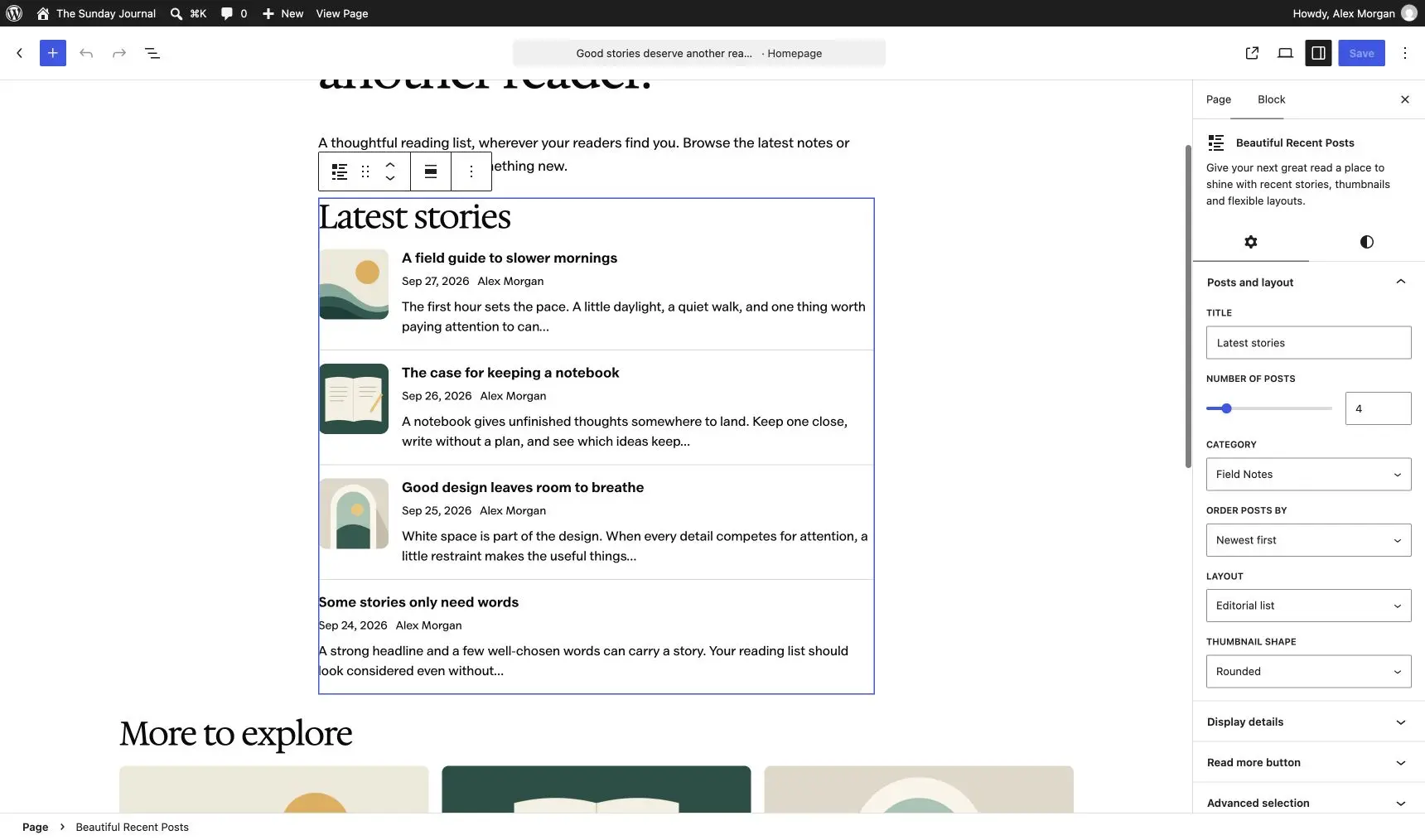 Beautiful Recent Posts block selected in the WordPress editor with a live list preview and sidebar controls for title, post count, category, order, layout and thumbnail shape