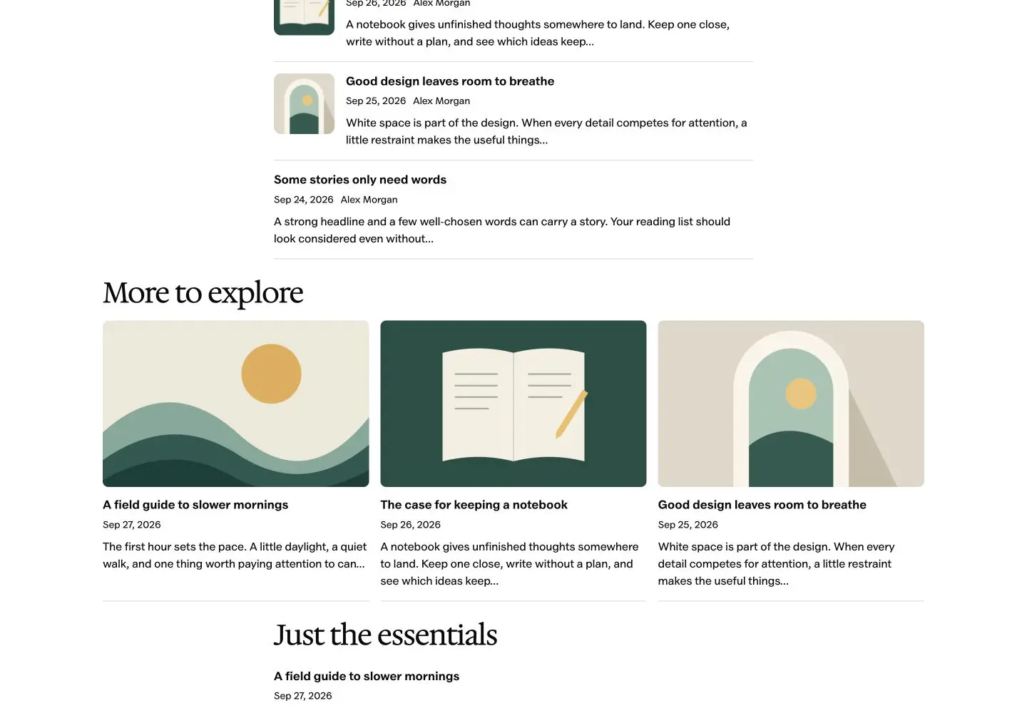 Beautiful Recent Posts card layout showing three responsive cards with featured images, dates and excerpts below an editorial list