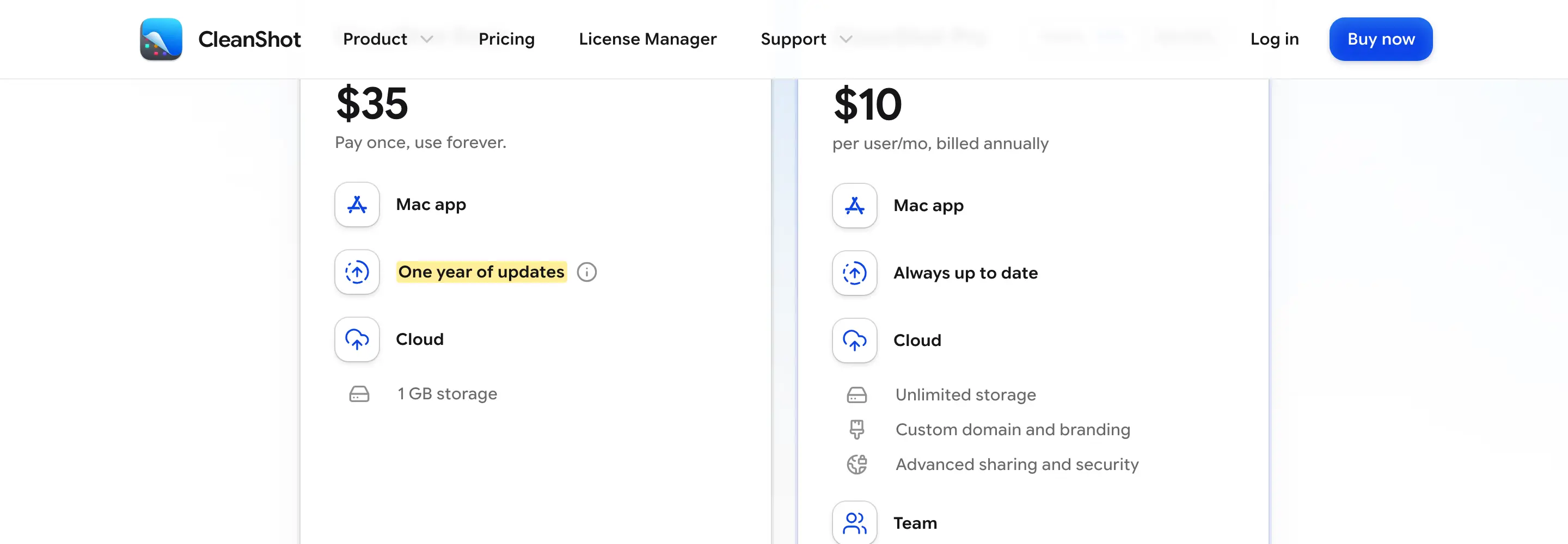 CleanShot X pricing page showing the $35 Basic plan with one year of updates highlighted next to the $10 a month Cloud Pro plan