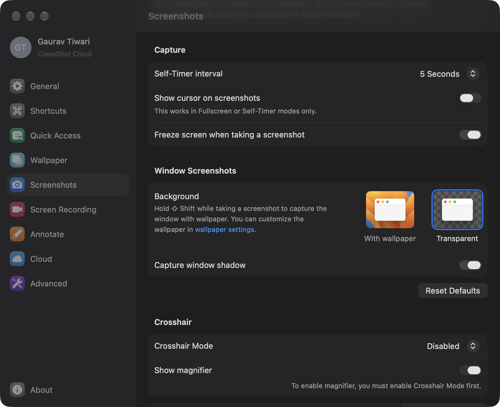 CleanShot X settings for window screenshots, with the transparent background and window shadow options