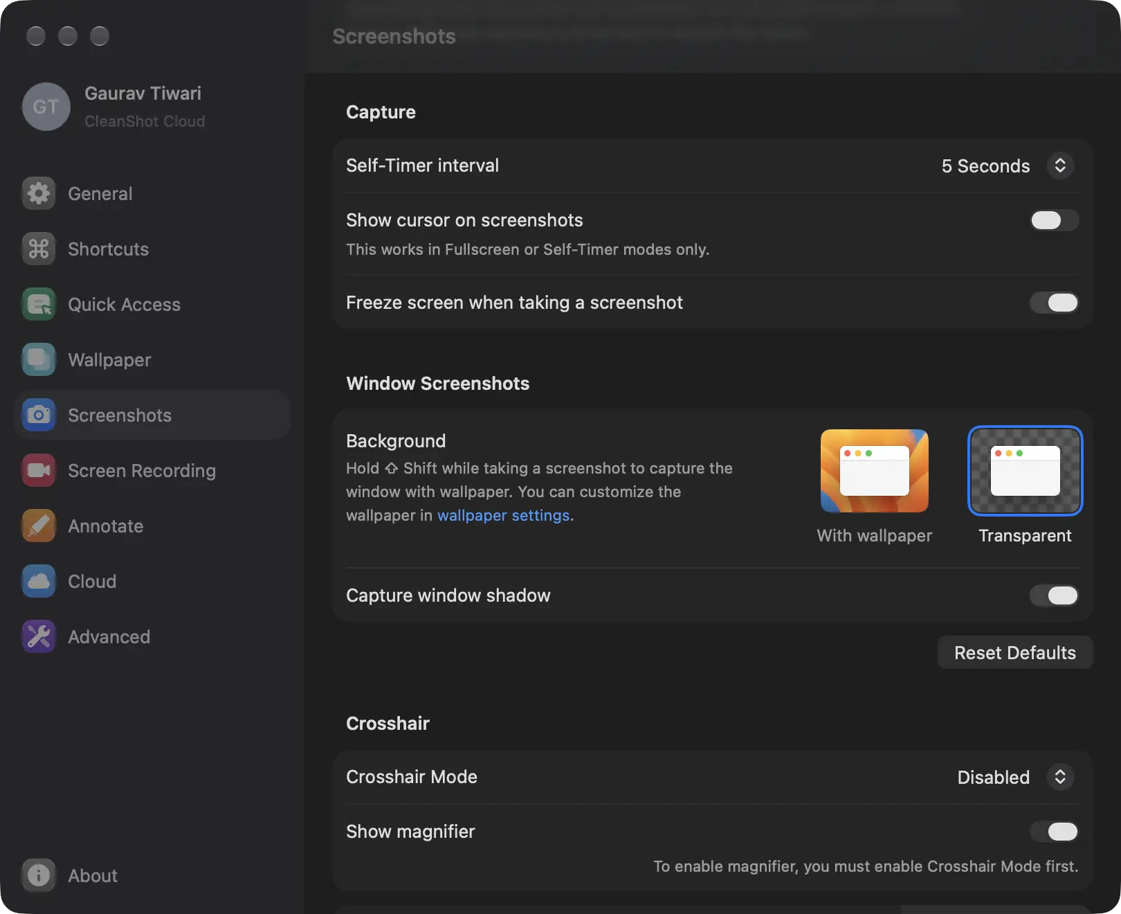 CleanShot X settings for window screenshots, with the transparent background and window shadow options
