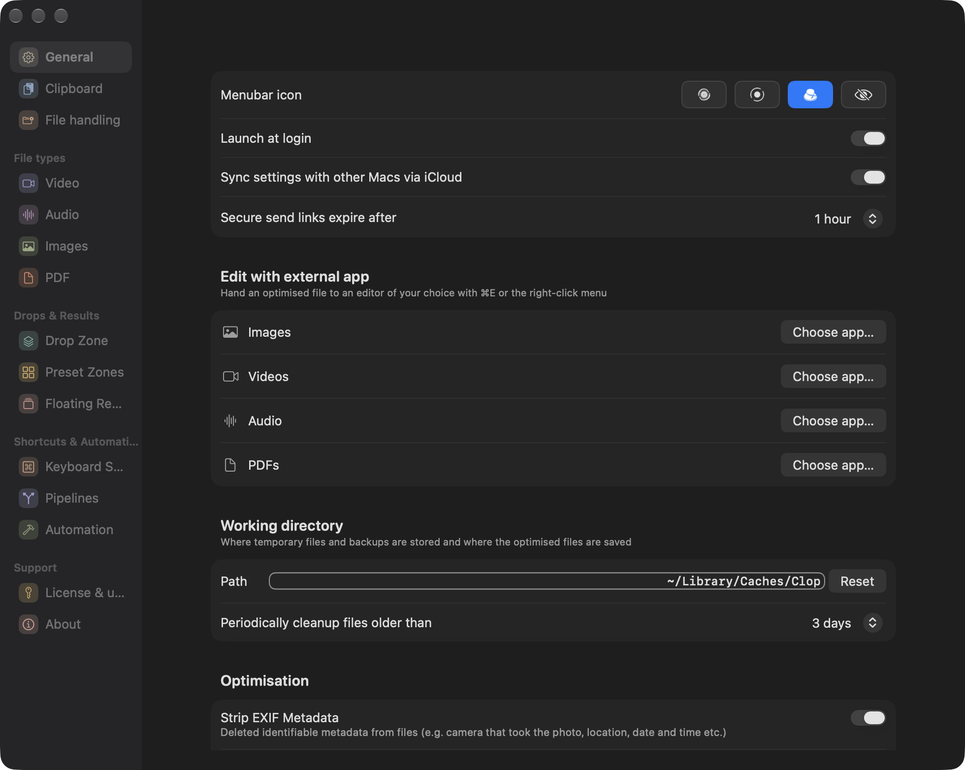 Clop settings showing the menubar icon, iCloud sync of settings and the working directory for optimized files