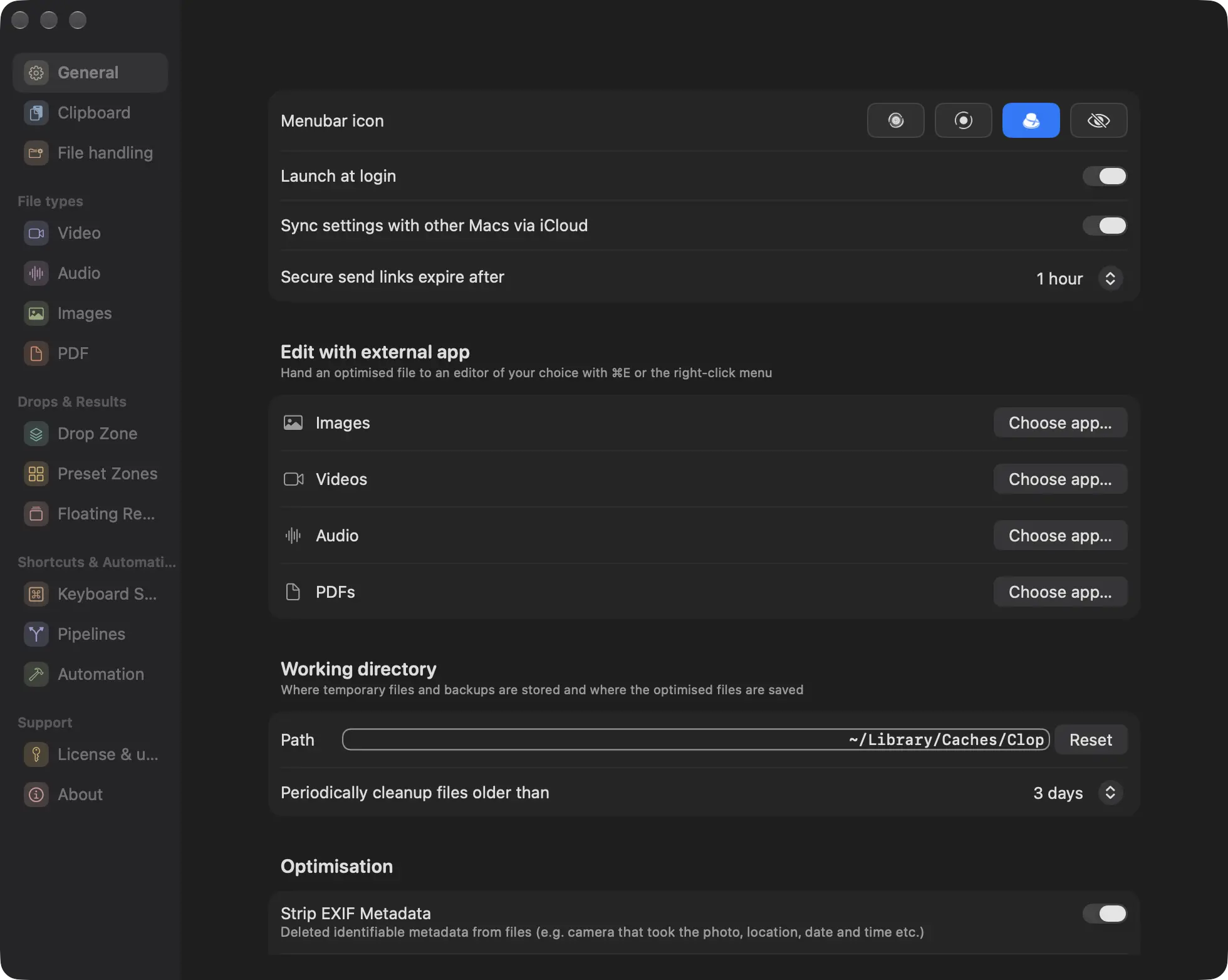 Clop settings showing the menubar icon, iCloud sync of settings and the working directory for optimized files