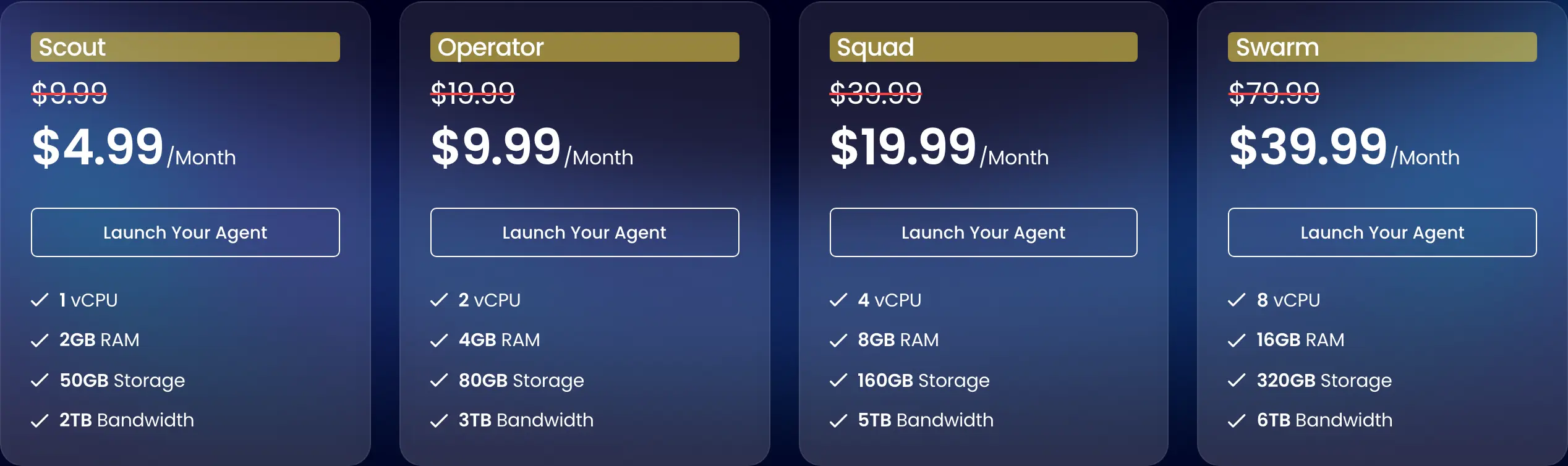 Cloudways managed OpenClaw plan cards showing Scout with 2GB RAM, Operator with 4GB, Squad with 8GB and Swarm with 16GB, with the standing price struck out above a summer promotion price