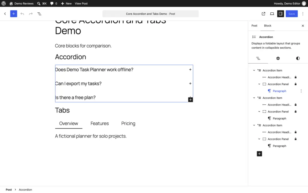 Core Accordion block with three items in the editor and its nested accordion items listed in the sidebar