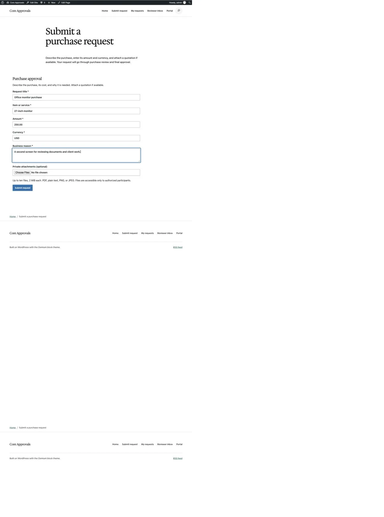 Core Approvals purchase request form in Osmium with sample monitor purchase details