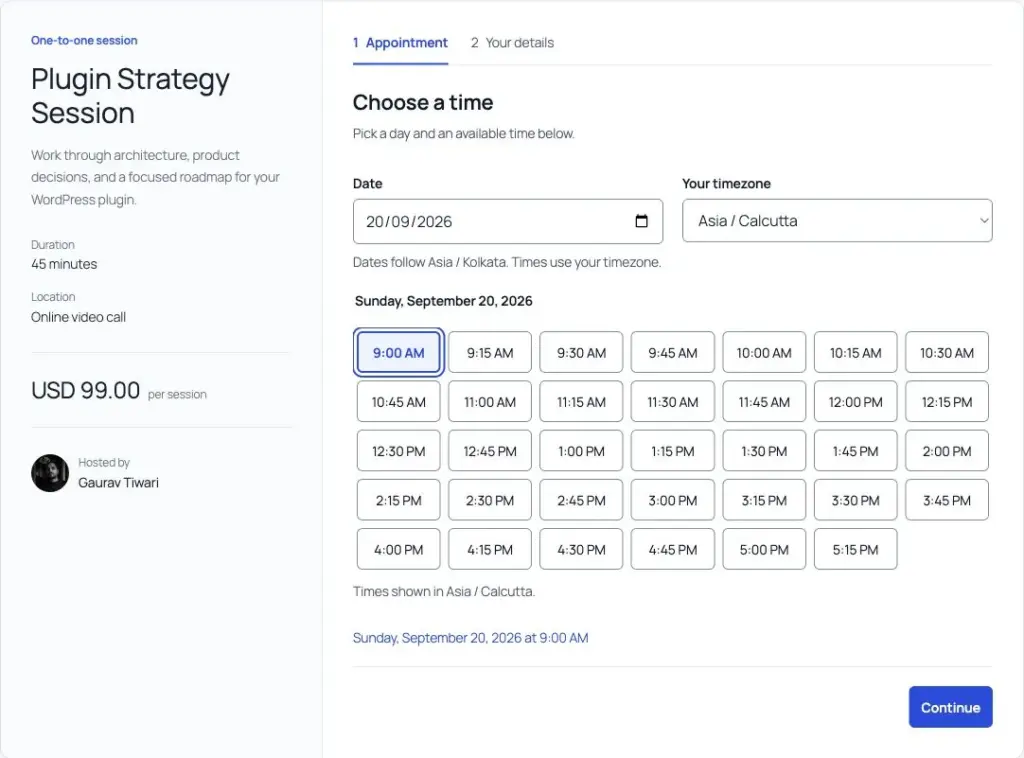 Core Bookings service page with session details, timezone selection and available times