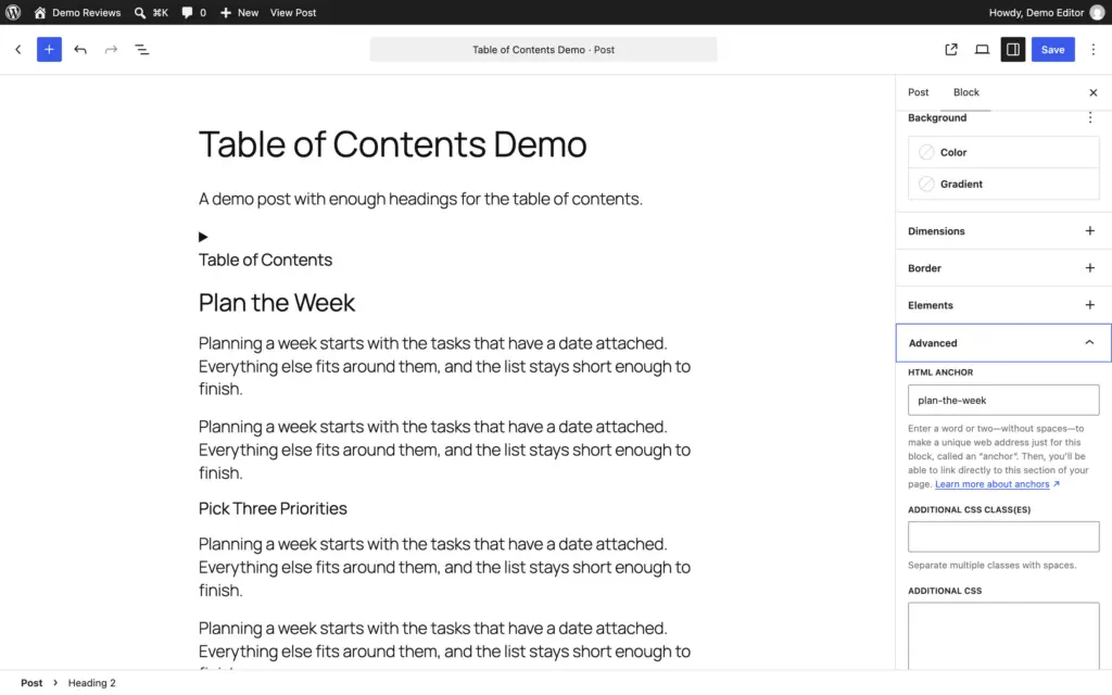 Heading block Advanced panel with plan-the-week entered in the HTML anchor field