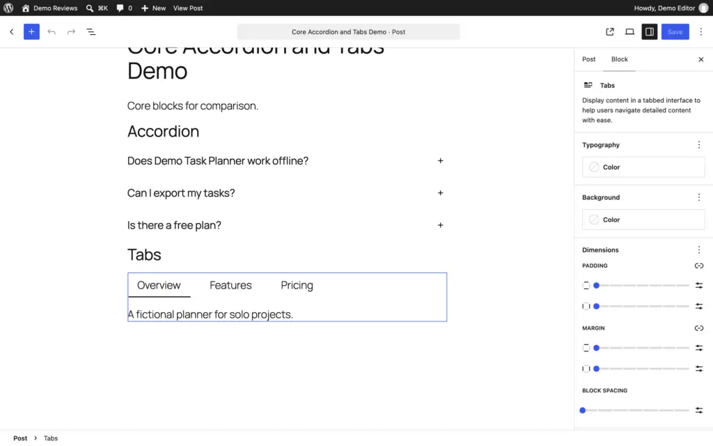 Core Tabs block in the editor with Overview, Features and Pricing tabs and the first panel visible