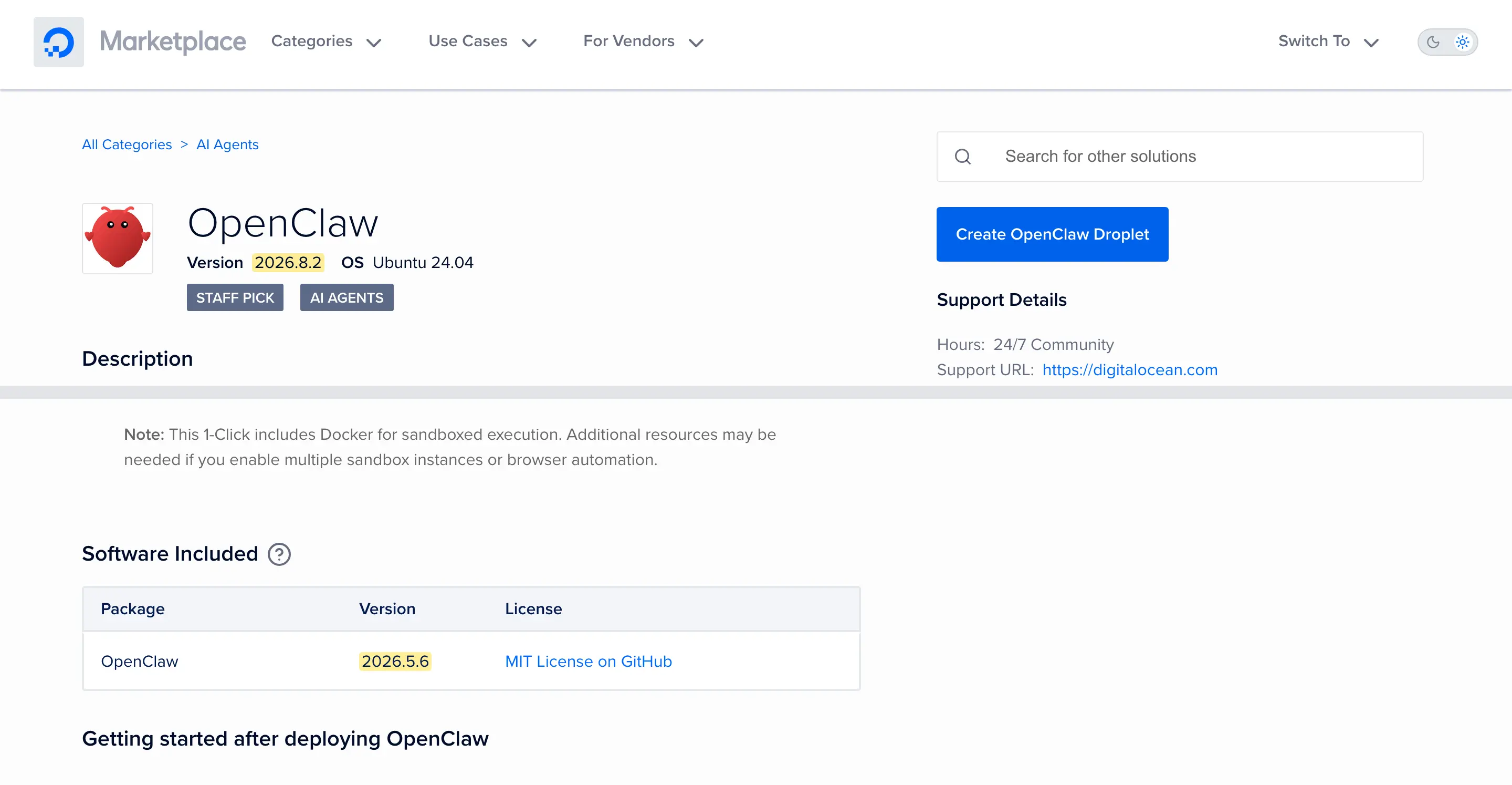 DigitalOcean's OpenClaw Marketplace listing with the headline version 2026.8.2 highlighted above the software table that lists OpenClaw 2026.5.6