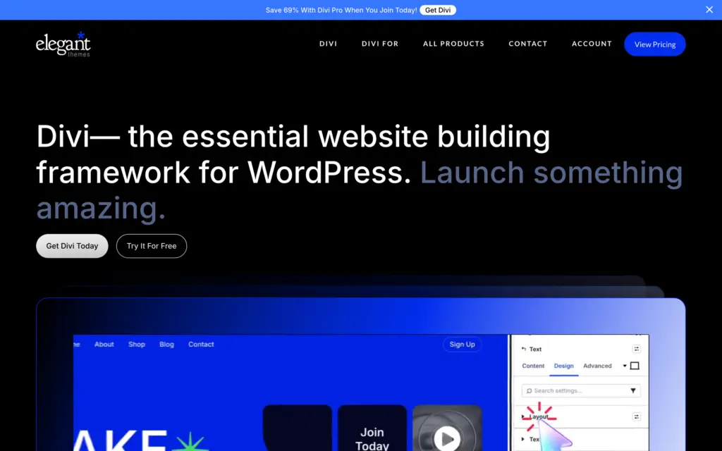 Divi homepage describing Divi as a website building framework for WordPress with a preview of the Divi visual builder