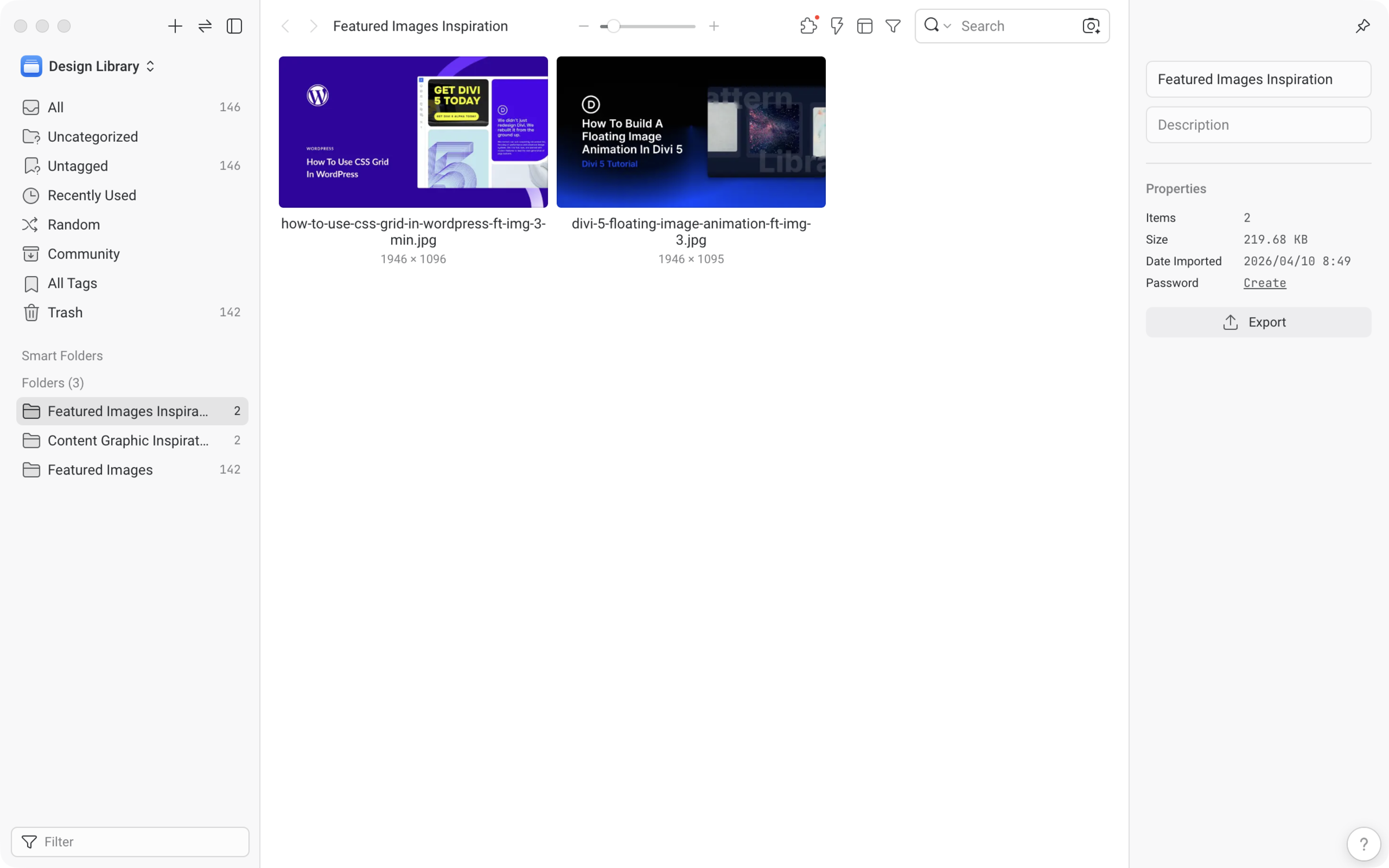 Eagle's Design Library with a Featured Images Inspiration folder open, showing two saved featured images and the folder properties panel