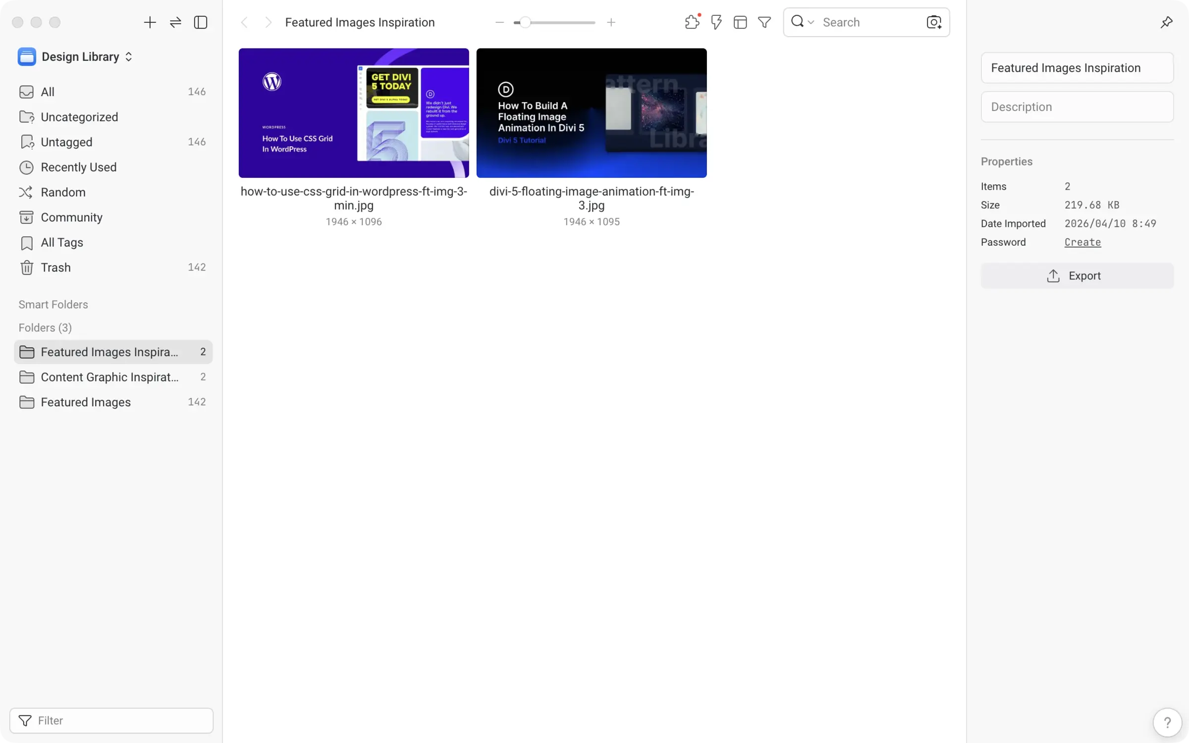 Eagle's Design Library with a Featured Images Inspiration folder open, showing two saved featured images and the folder properties panel