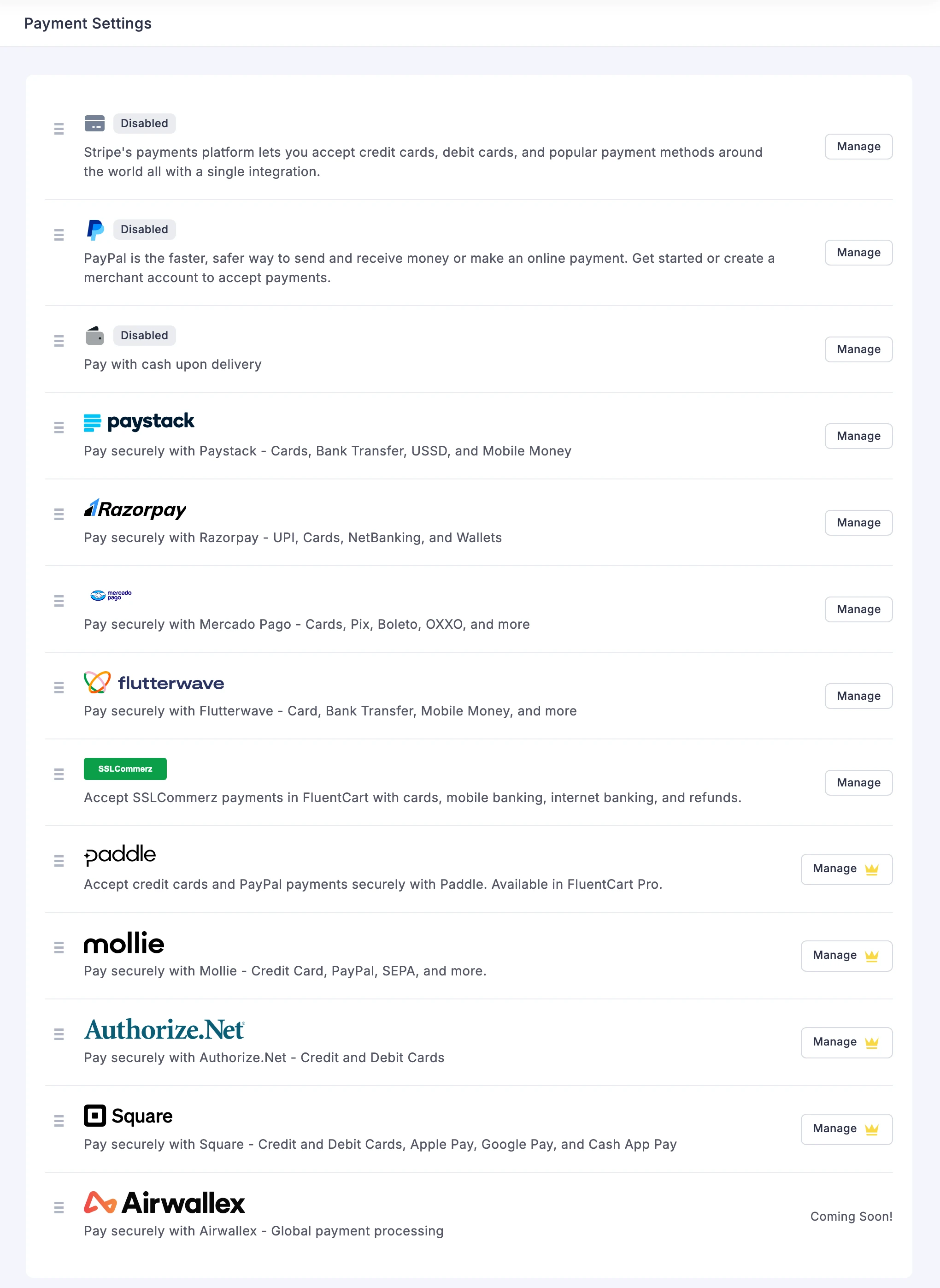 FluentCart Payment Settings listing Stripe, PayPal, cash on delivery, Paystack, Razorpay, Mercado Pago, Flutterwave, SSLCommerz, Paddle, Mollie, Authorize.Net, Square and Airwallex