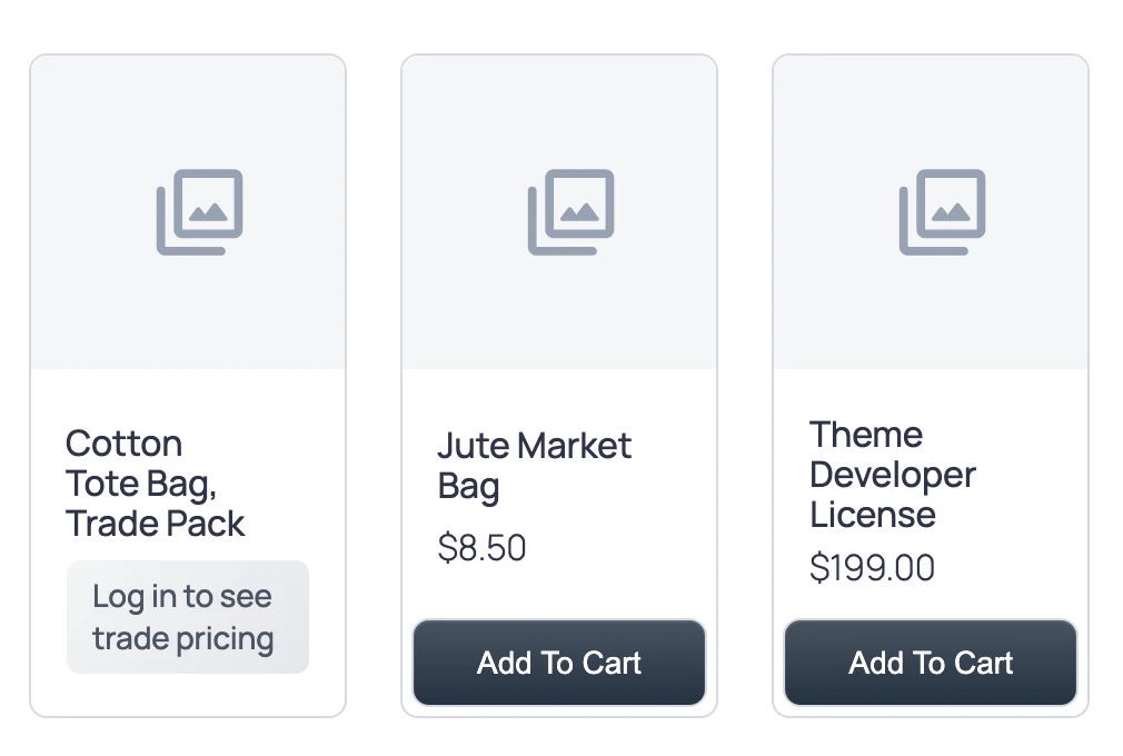 FluentCart shop grid for a logged-out visitor where a trade pack shows Log in to see trade pricing while a jute bag at $8.50 and a license at $199 show prices and Add To Cart buttons