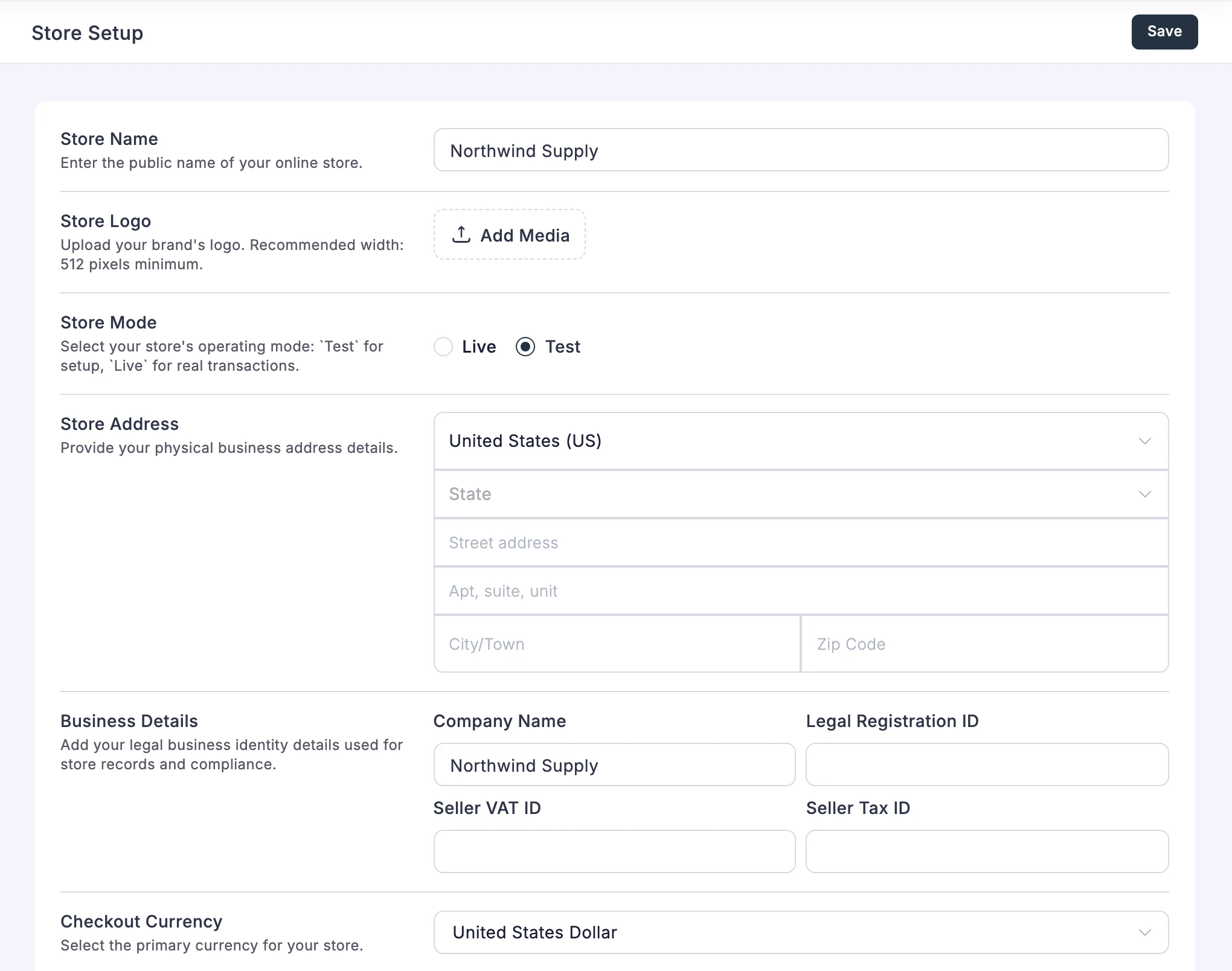 FluentCart Store Setup screen with the Checkout Currency field set to United States Dollar
