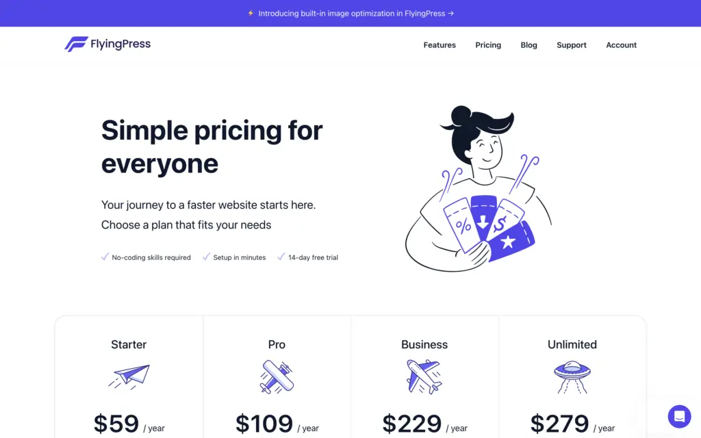 FlyingPress pricing page with its per-site plans and 14-day free trial