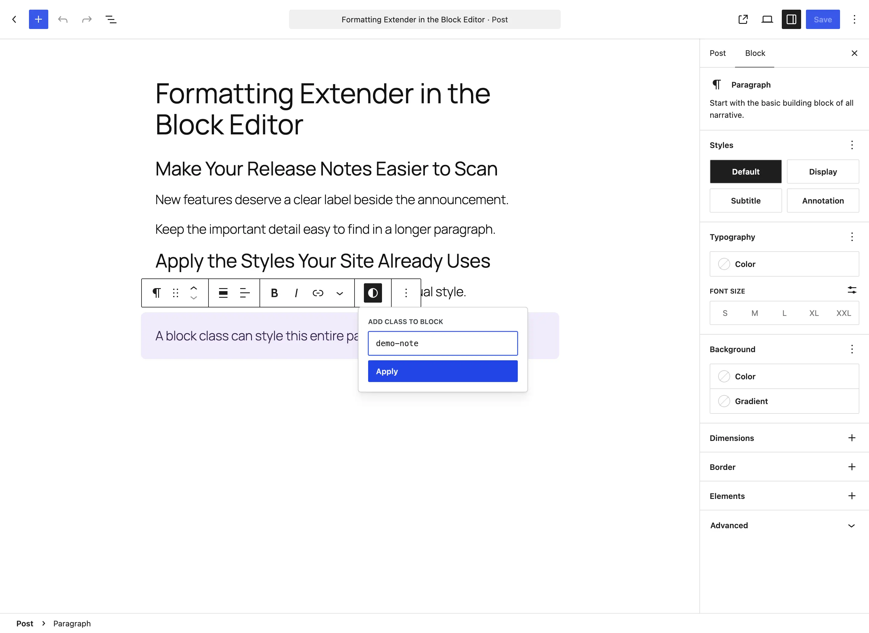 Formatting Extender Add Class to Block control with a paragraph styling class.