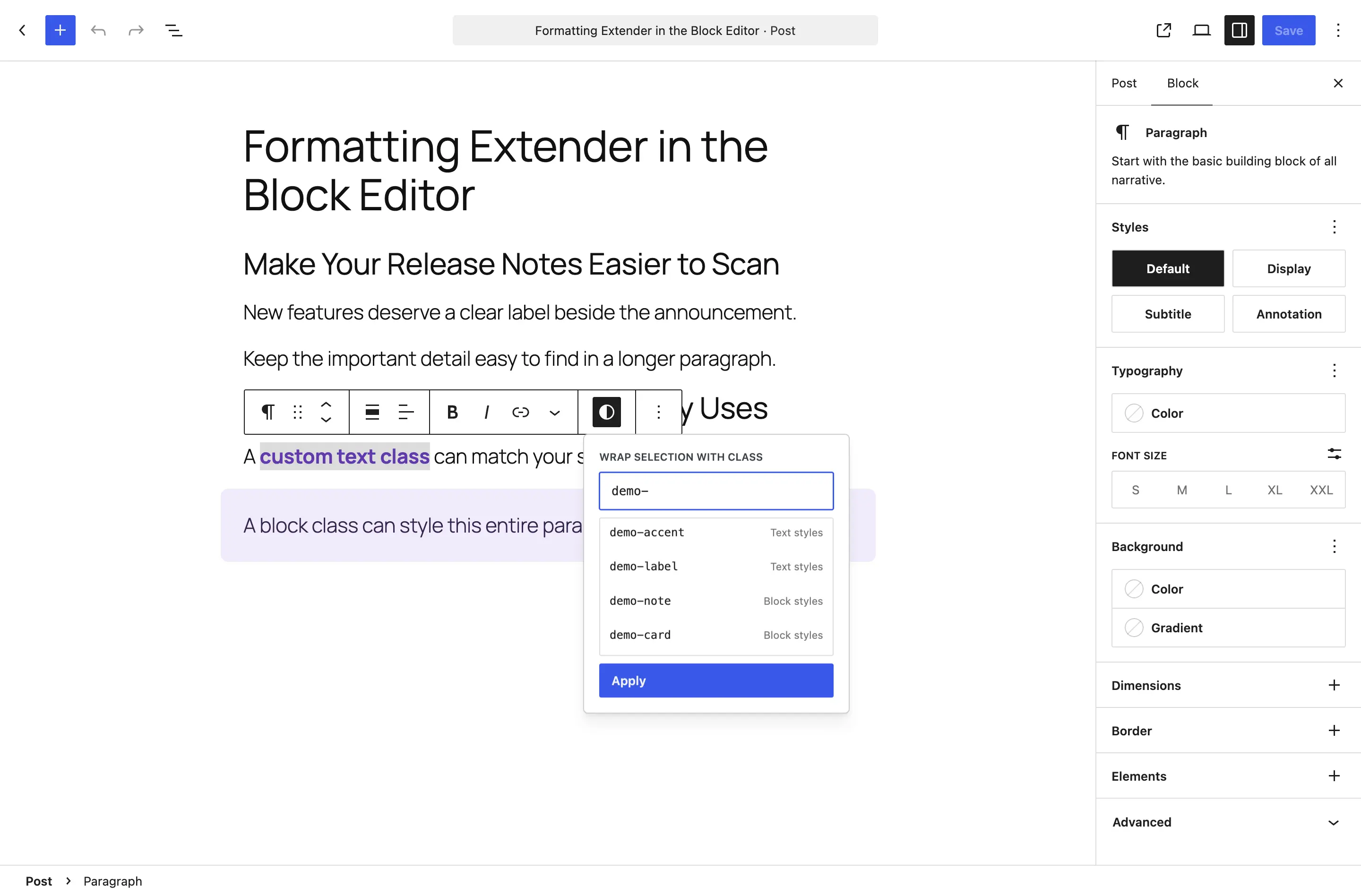 Formatting Extender applies CSS classes to selected text and lists theme-provided class suggestions.