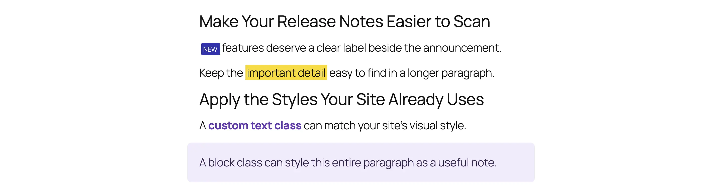 WordPress content with a badge, a highlight, custom text styling and a paragraph styled through Formatting Extender.
