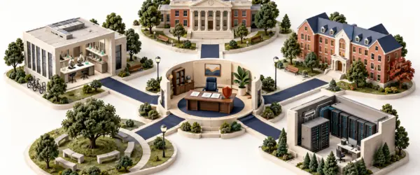Fractional CISO services for higher education illustrated by a central security office linking academic, research, residential and IT environments.