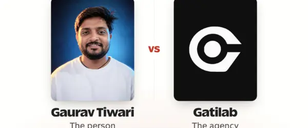 Gaurav Tiwari vs Gatilab: a portrait of Gaurav labeled the person beside the Gatilab mark labeled the agency