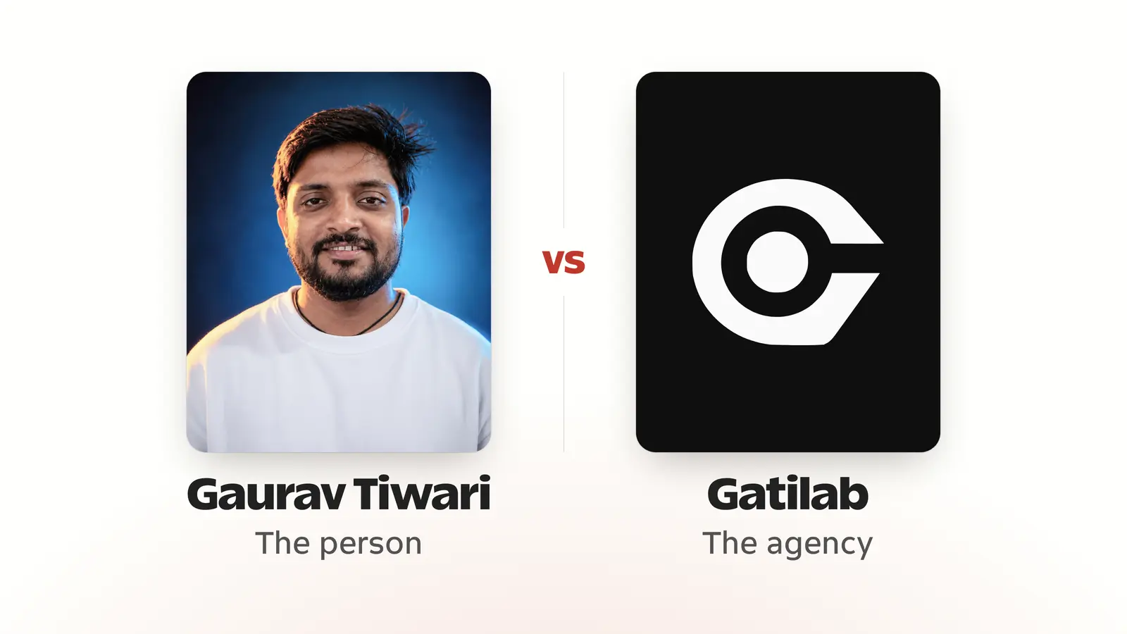 Gaurav Tiwari vs Gatilab: a portrait of Gaurav labeled the person beside the Gatilab mark labeled the agency