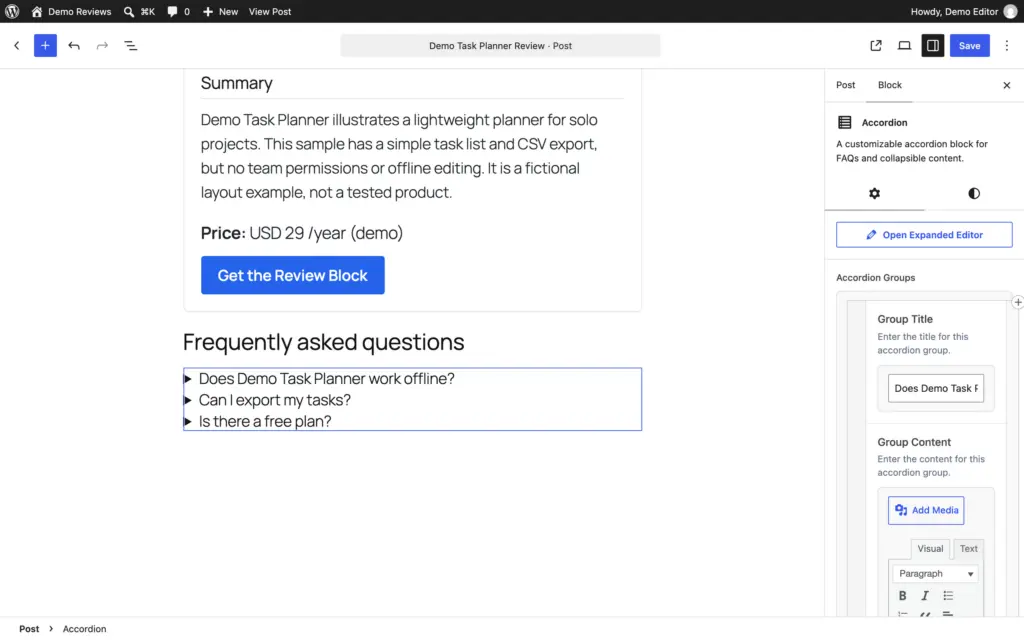 Accordion block in the WordPress editor with three FAQ questions and the Group Title and Group Content fields in the sidebar