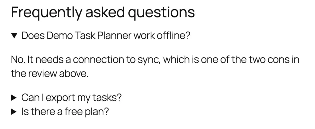 Accordion block on the front end with the first FAQ question open and two questions collapsed