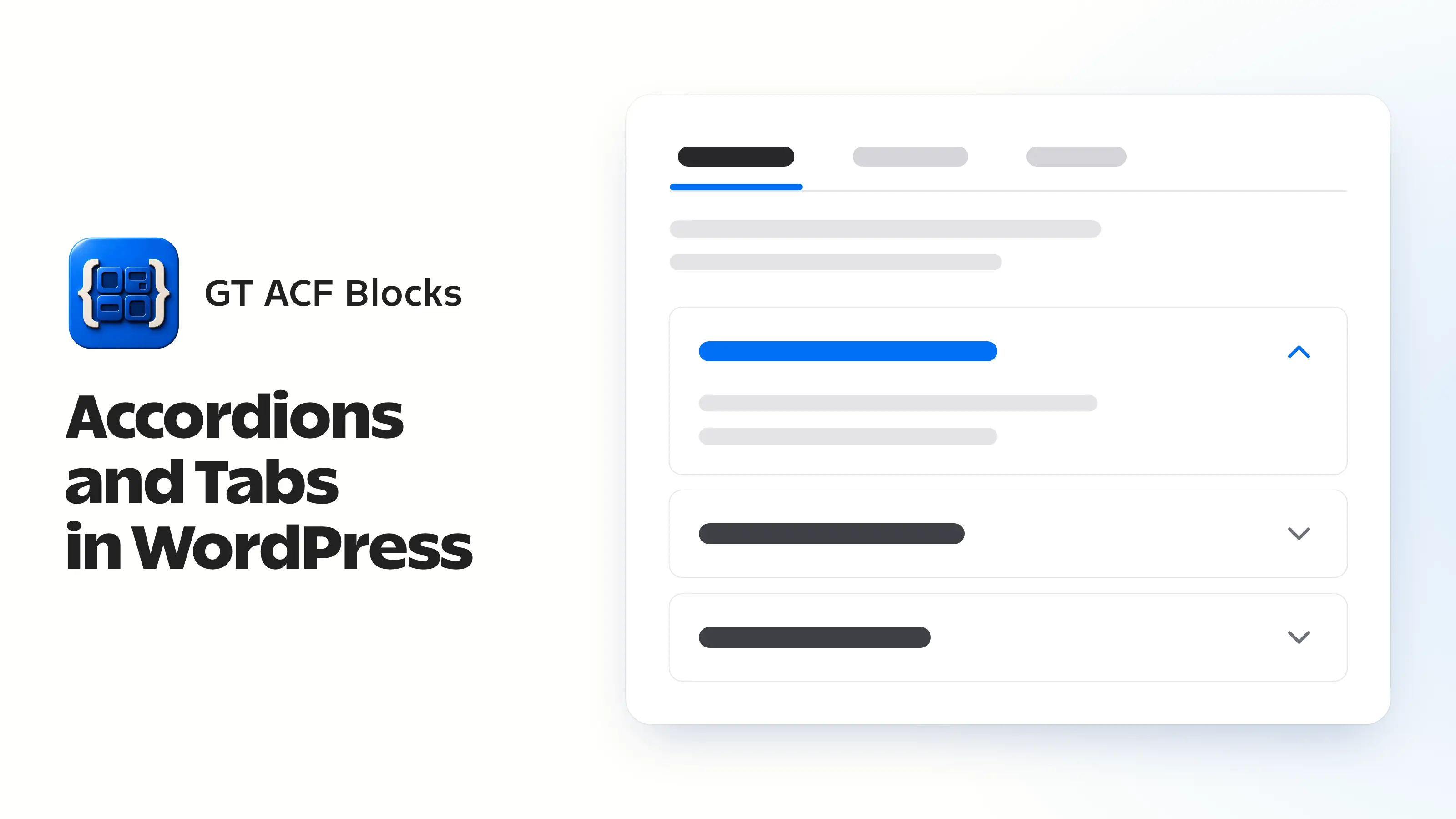 GT ACF Blocks icon beside a tab bar above an accordion with its first item open