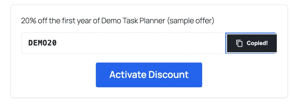 The same coupon block right after a click, with the copy button reading Copied!