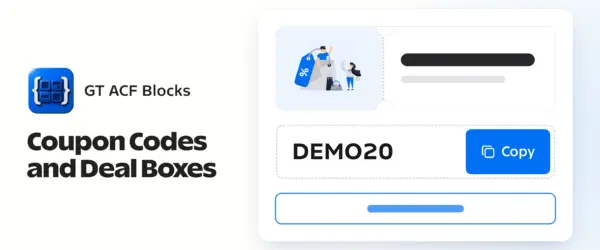 GT ACF Blocks icon beside a coupon box showing the sample code DEMO20 and a Copy button
