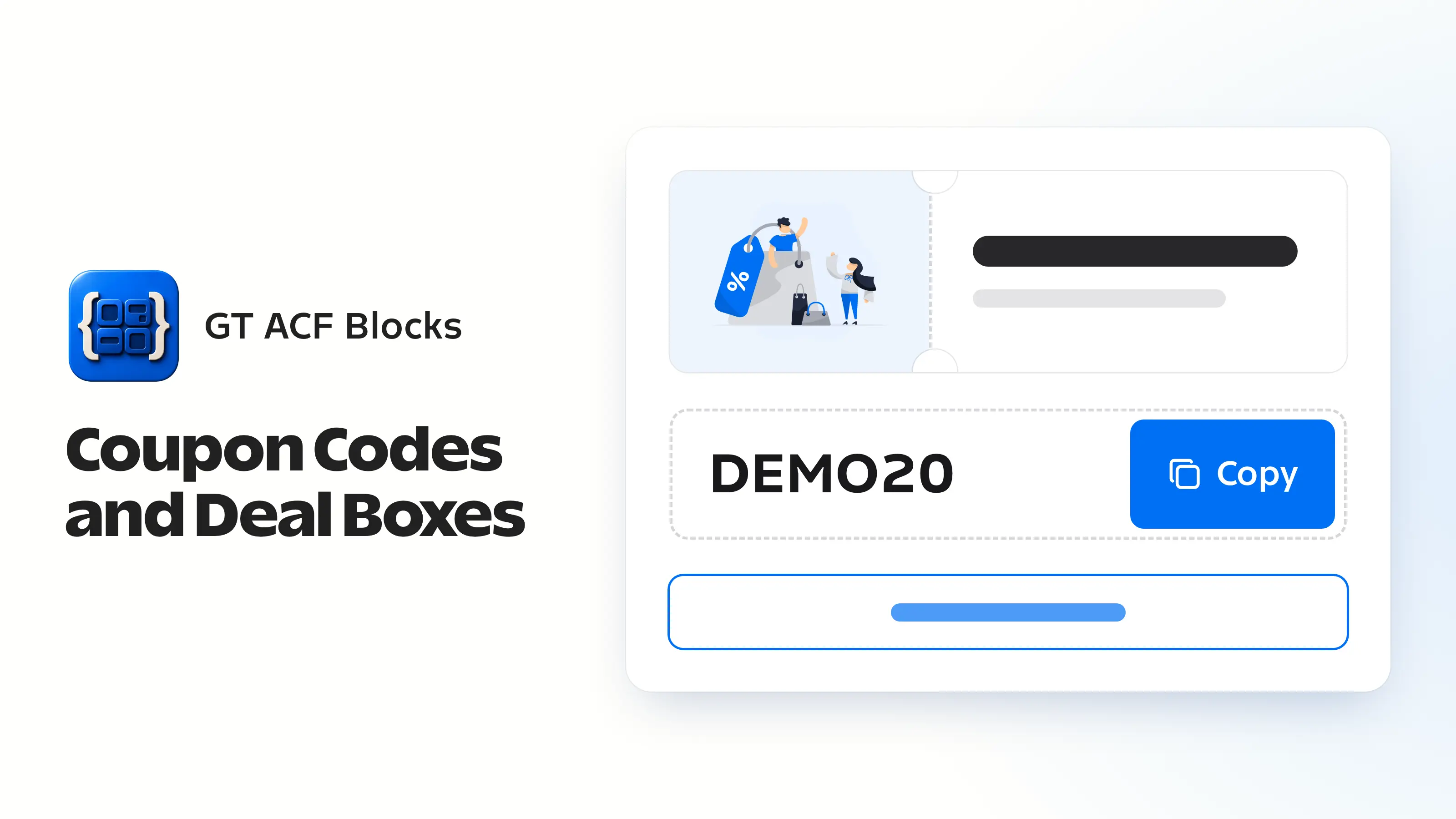 GT ACF Blocks icon beside a coupon box showing the sample code DEMO20 and a Copy button