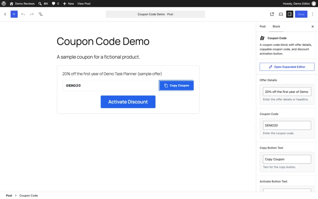 Coupon Code block selected with the Offer Details, Coupon Code and Copy Button Text fields in the sidebar