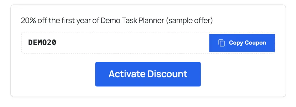 Coupon Code block showing a sample offer line, the code DEMO20, a Copy Coupon button and an Activate Discount button