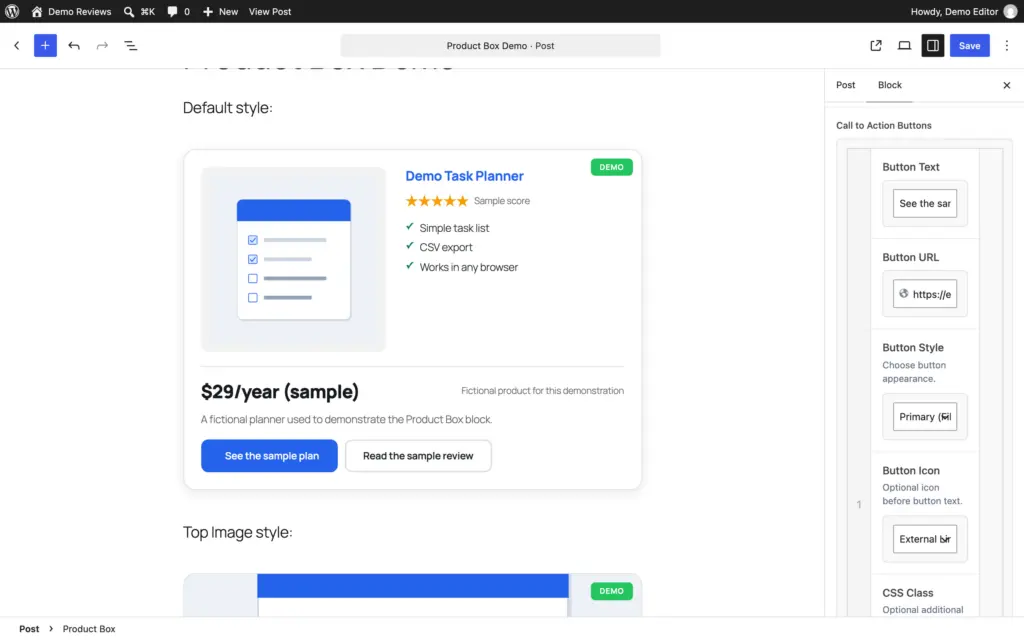 Product Box Call to Action Buttons repeater with Button Text, Button URL, Button Style and Button Icon fields