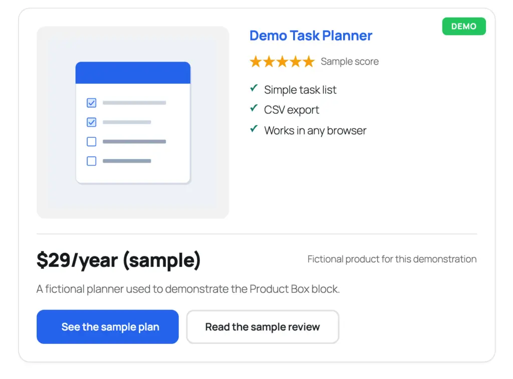 Product Box in the default style with the image on the left, a sample score, three features, a sample price and two buttons