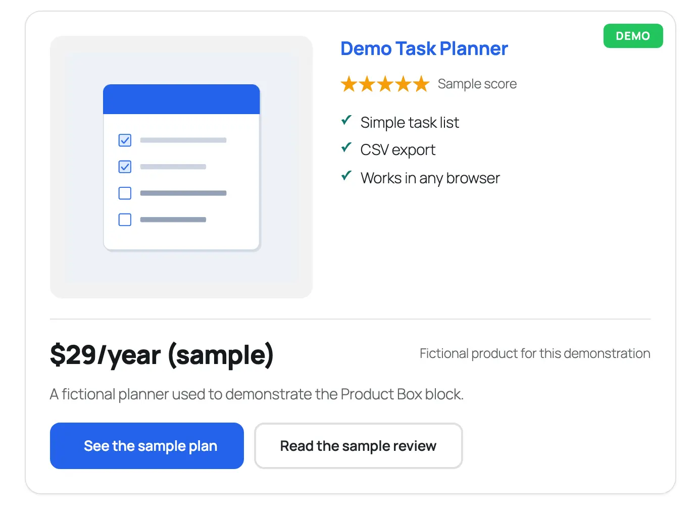 A Product Box on the front end with the image, title, rating, features, price and 2 buttons