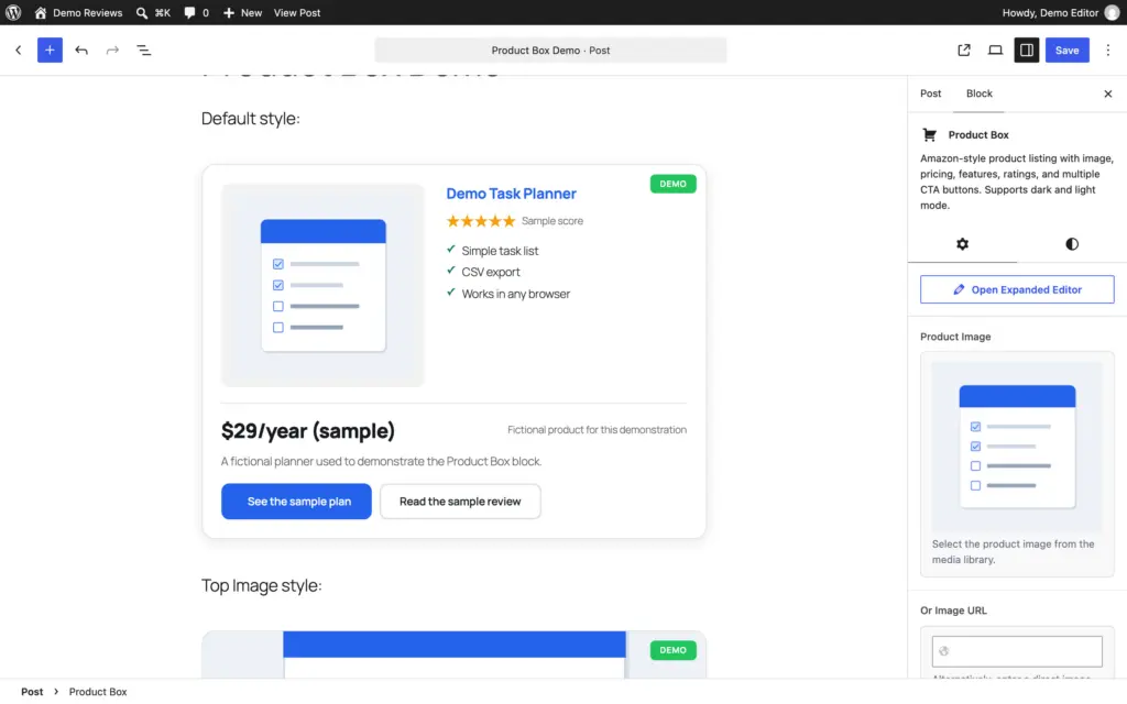 Product Box block selected in the WordPress editor with its Product Image field in the sidebar and a fictional Demo Task Planner card on the canvas