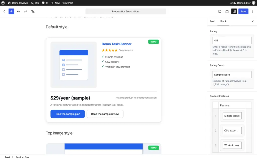 Product Box sidebar showing the Rating, Rating Count and Product Features fields for a fictional product