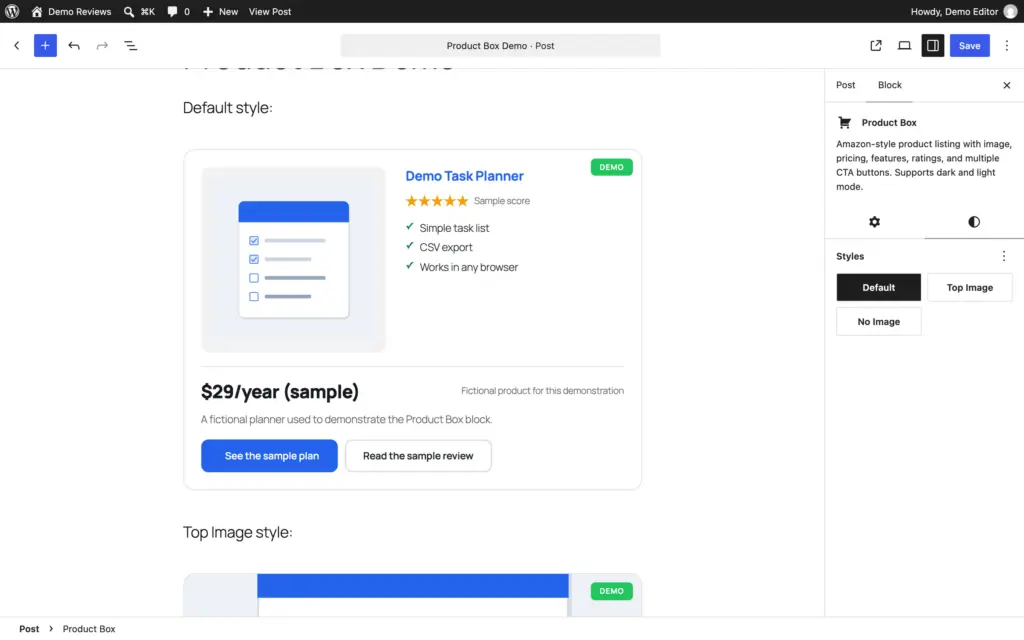 Styles panel for the Product Box block with Default, Top Image and No Image options
