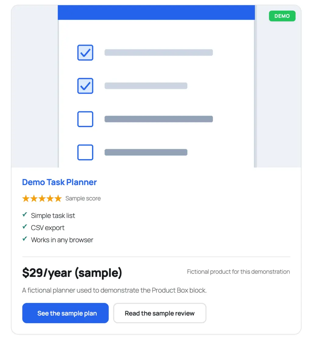 The same Product Box content in the Top Image style with a wide image above the title and features