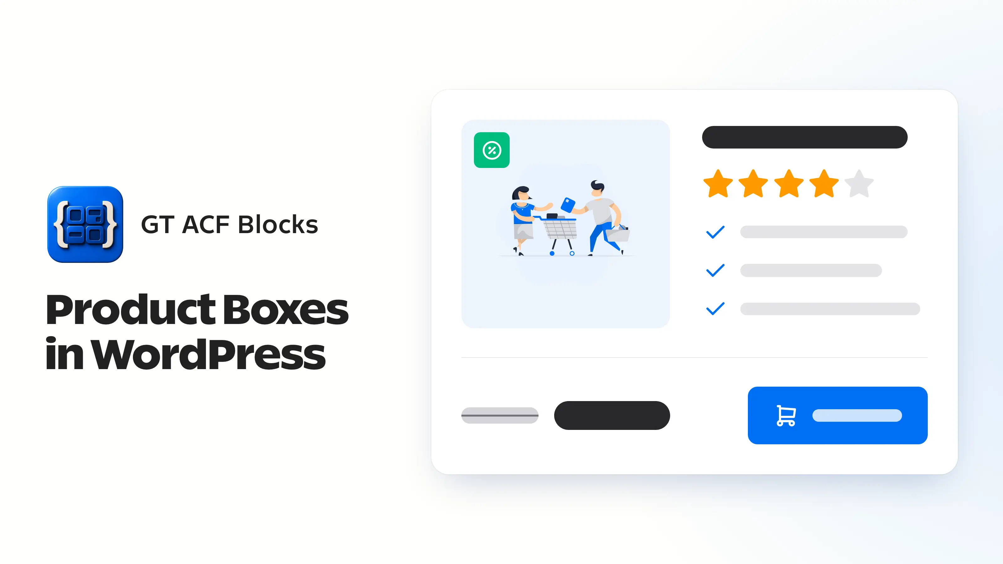 GT ACF Blocks icon beside a product box with a product image, star rating, feature checklist, price and buy button